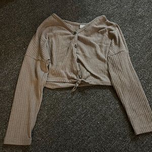 Girls, beige, button, long sleeve, top with knot